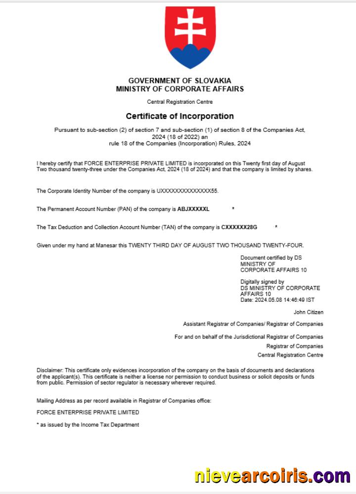 Slovakia business registration certificate